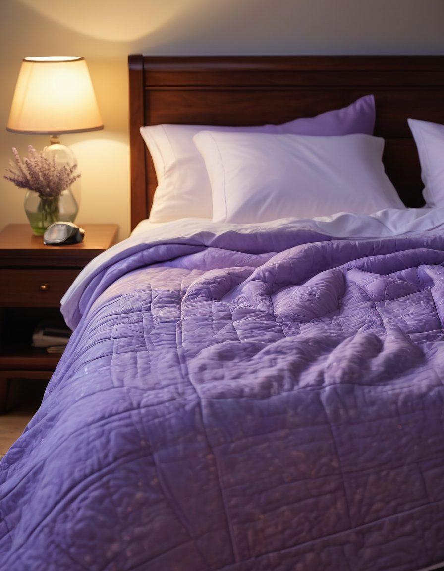 A serene bedroom scene showcasing a peaceful person sleeping with a CPAP machine softly illuminated by gentle moonlight. Surrounding the room, elements representing sleep tips: calming lavender plants, a cozy quilt, and a bedside table with a sleep health book. The ambiance conveys tranquility and hope for better sleep. soft lighting. super-realistic. warm colors.