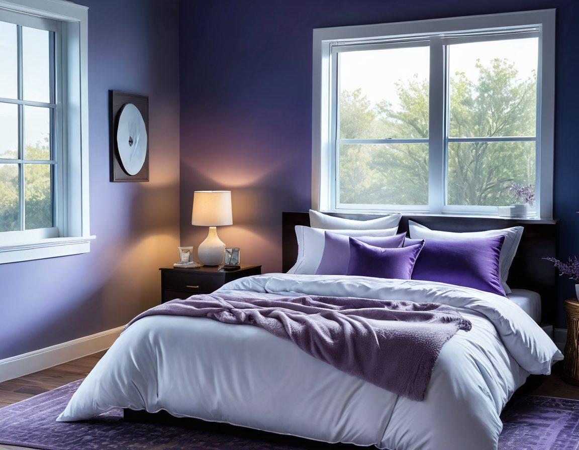 A serene bedroom scene featuring a peaceful sleeping individual, surrounded by soft pillows and a calming atmosphere. Include visual elements representing strategies for better sleep, such as a white noise machine, sleep mask, and an open window showing fresh air. The room should have a gentle blue and purple color palette to evoke tranquility. super-realistic. vibrant colors.