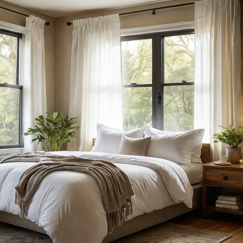 A serene bedroom setting bathed in soft, warm light, featuring a comfortable bed adorned with plush pillows and a cozy blanket. Include an open window with fluttering curtains letting in gentle, moonlit glow, and a bedside table with a journal, a calming herbal tea, and a small plant for a touch of nature. The scene should evoke tranquility and wellness, inviting the viewer into a peaceful sleep environment. super-realistic. soothing colors. warm ambiance.